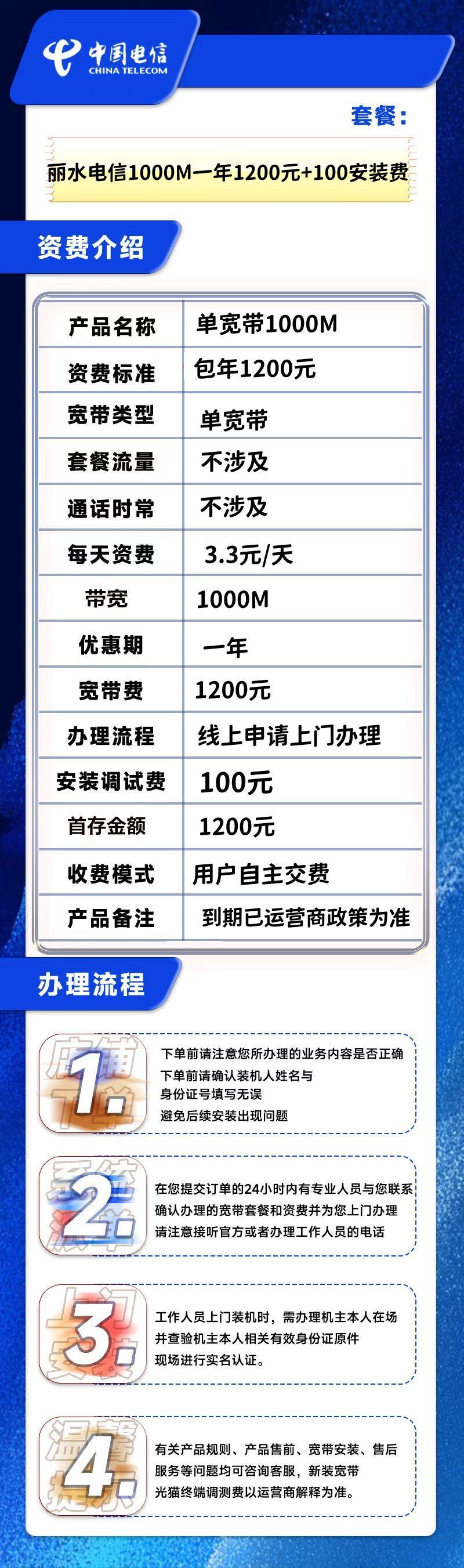 浙江丽水电信1000M一年1200元+100安装费详情图