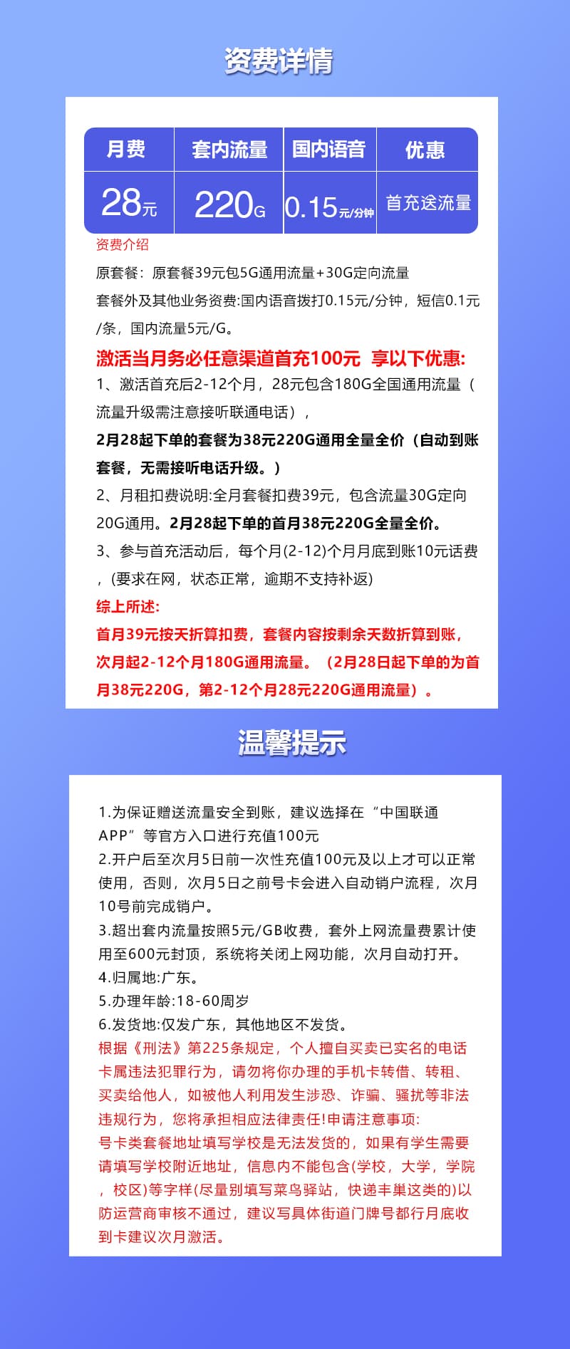 广东联通专享卡【28元220G】详情图