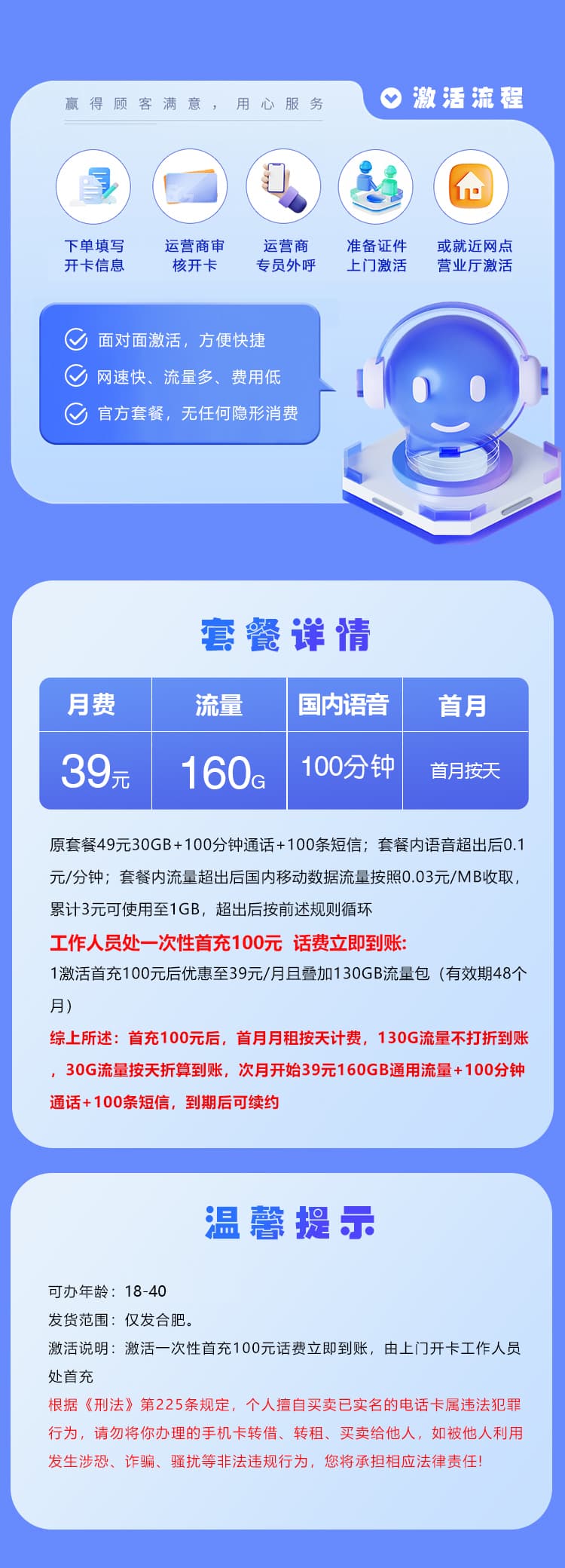 安徽合肥移动专属卡【39元/月160G+100分钟】详情图