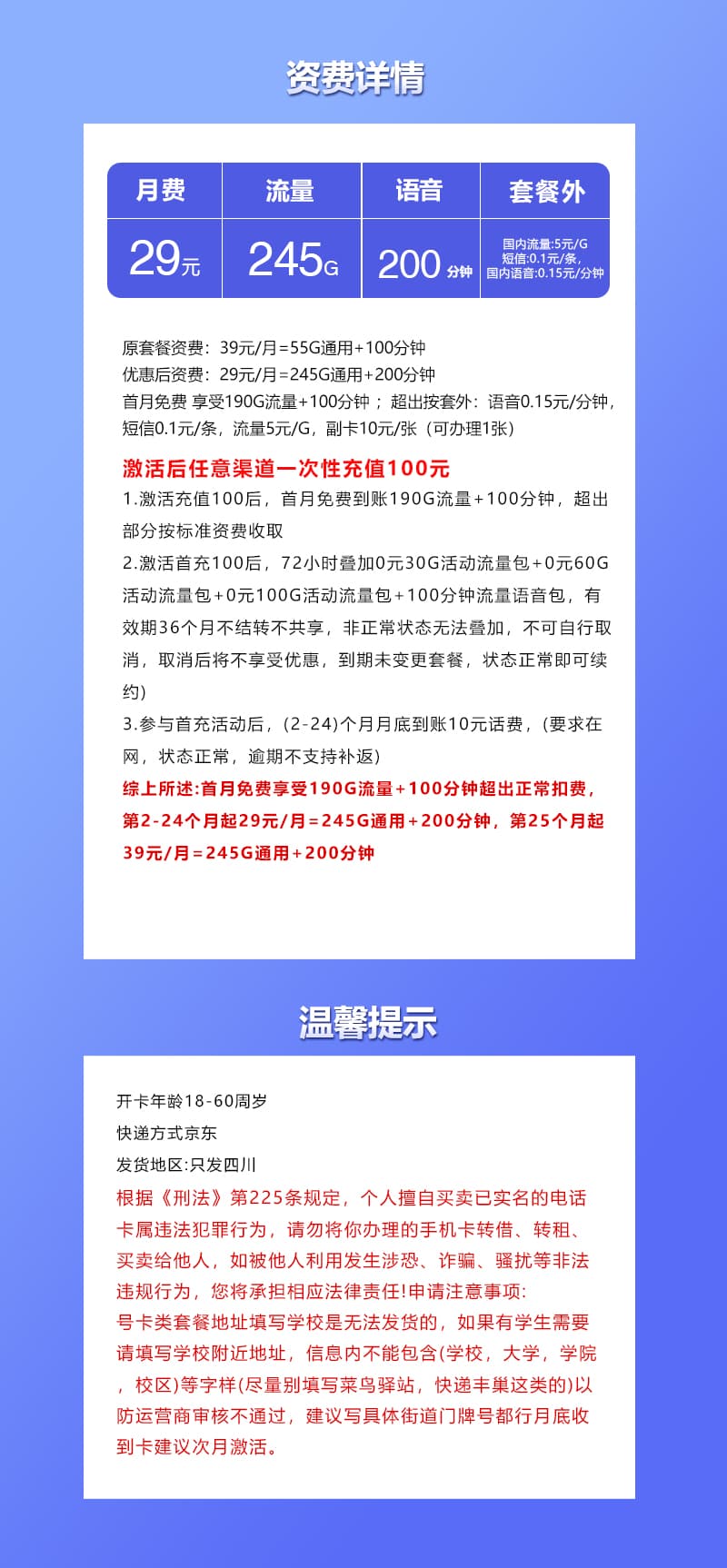 四川省内联通专属卡【29元245G+200分钟】详情图