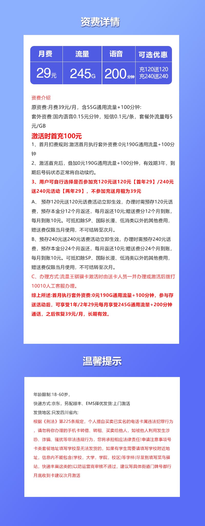 四川省内联通专享卡【29元245G+200分钟】详情图
