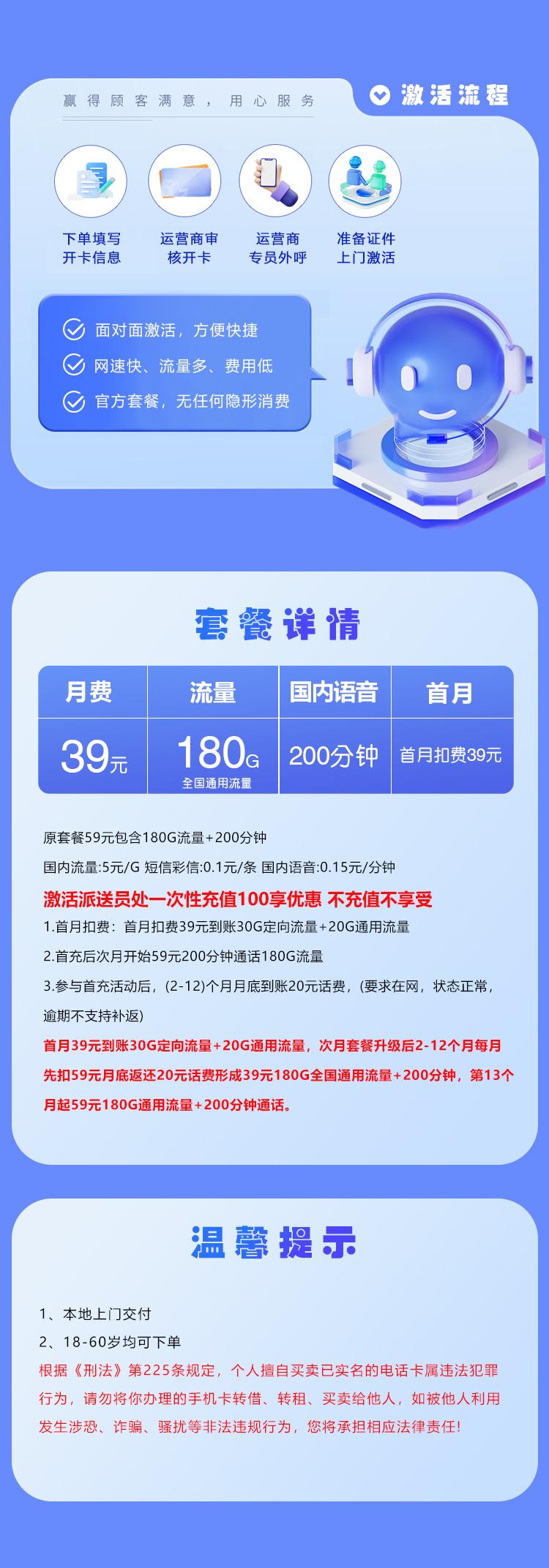 湖北联通省内专享卡【39元180G+200分钟】详情图