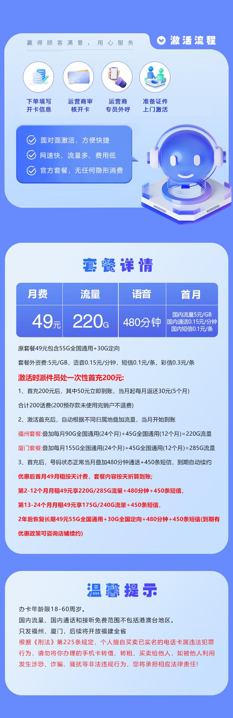 福建电信专属卡【49元220G+480分钟】仅发厦门 福州详情图