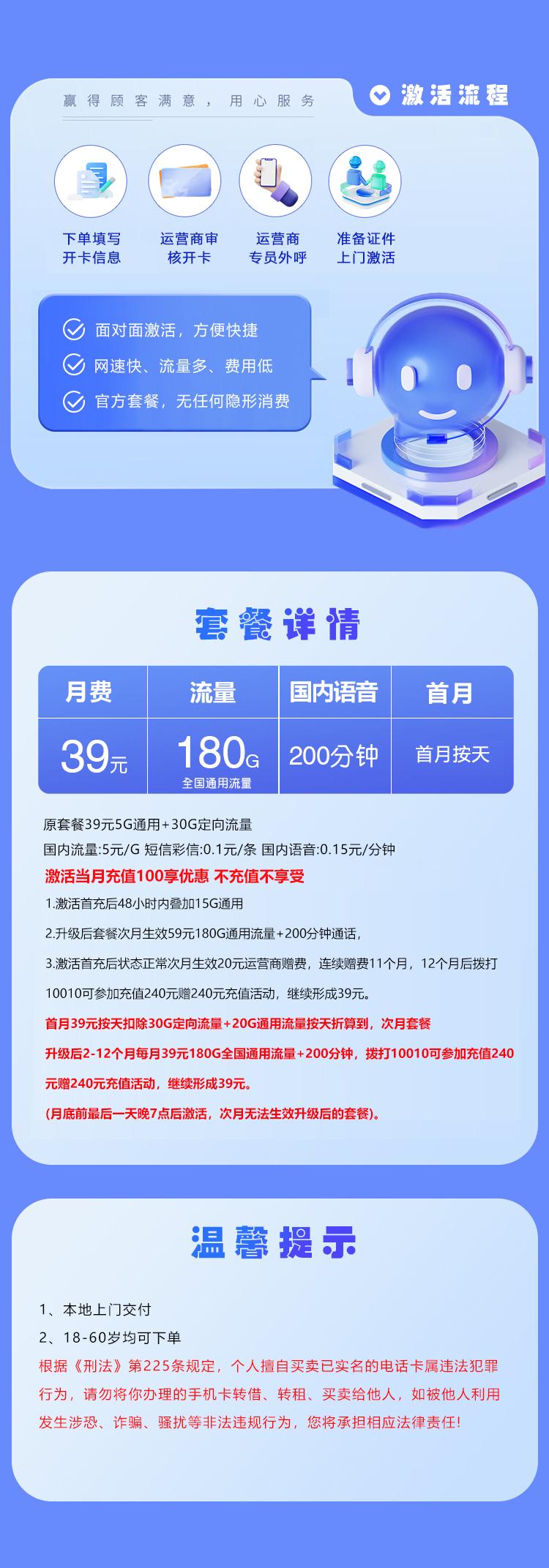 湖北联通省内卡3.0【39元180G+200分钟】详情图
