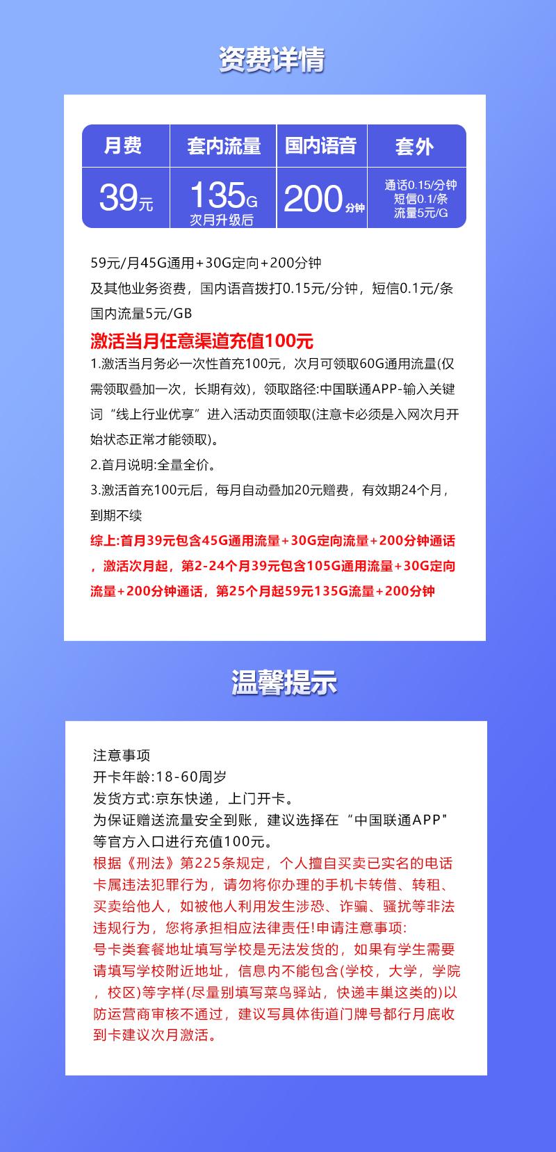 上海专属联通卡【39元135G+200分钟】详情图