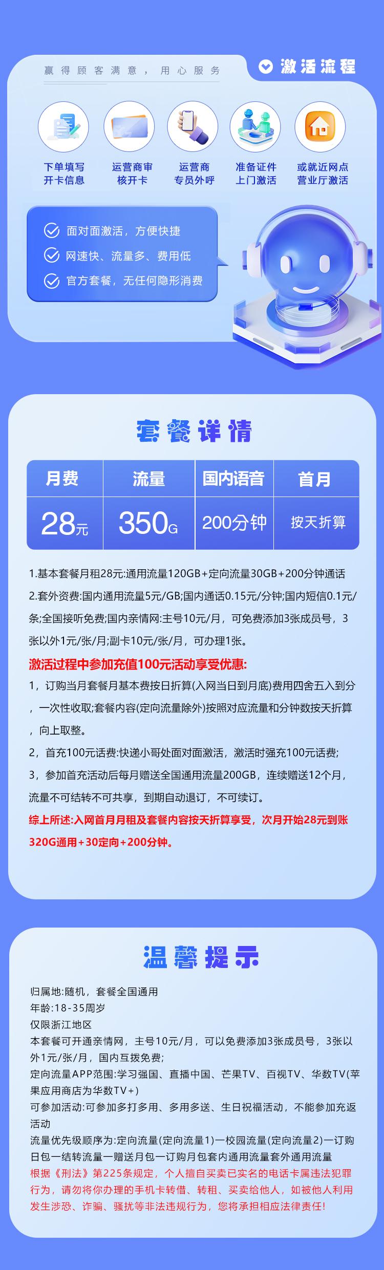 浙江广电省内专享卡【28元350G+200分钟】详情图
