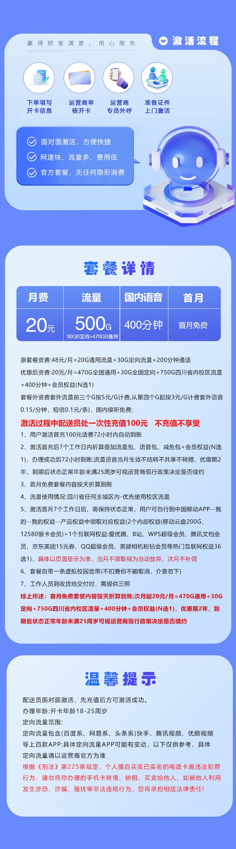 四川移动专享卡【20元500G+400分钟+会员】详情图