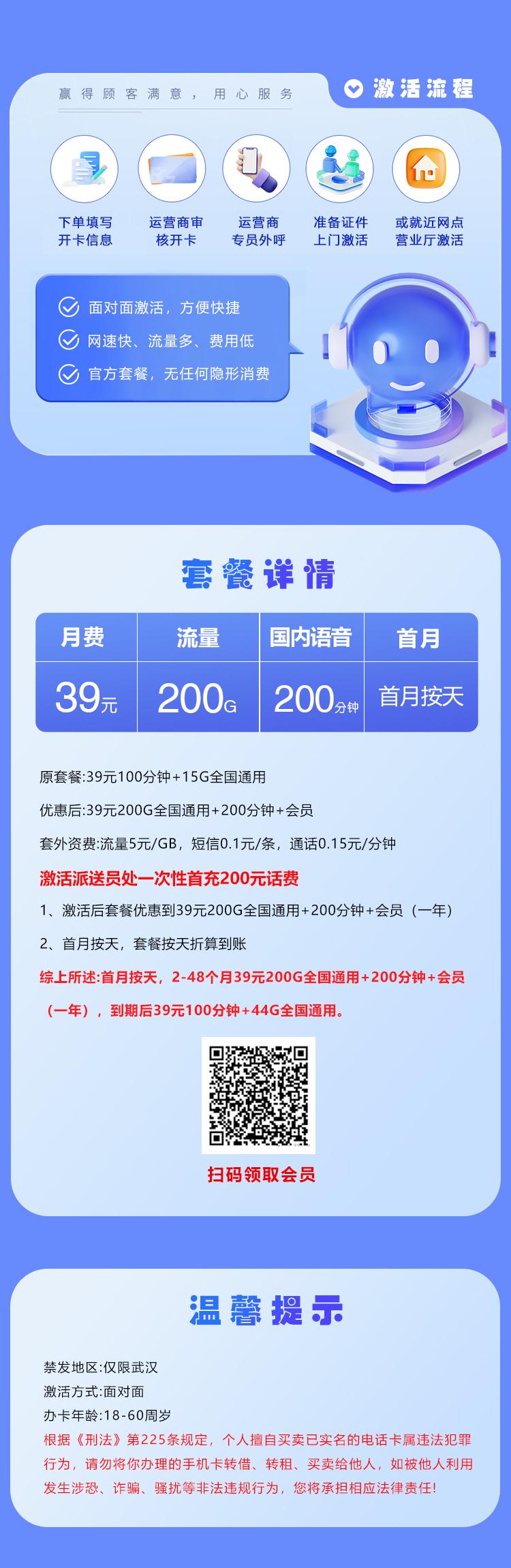 联通湖北专属卡【39元200G+200分钟+会员】【仅限武汉】详情图