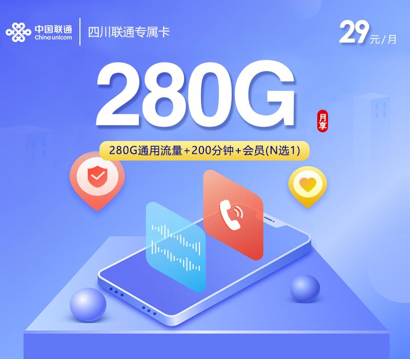 四川联通专属卡2.0【29元280G+200分钟+会员】