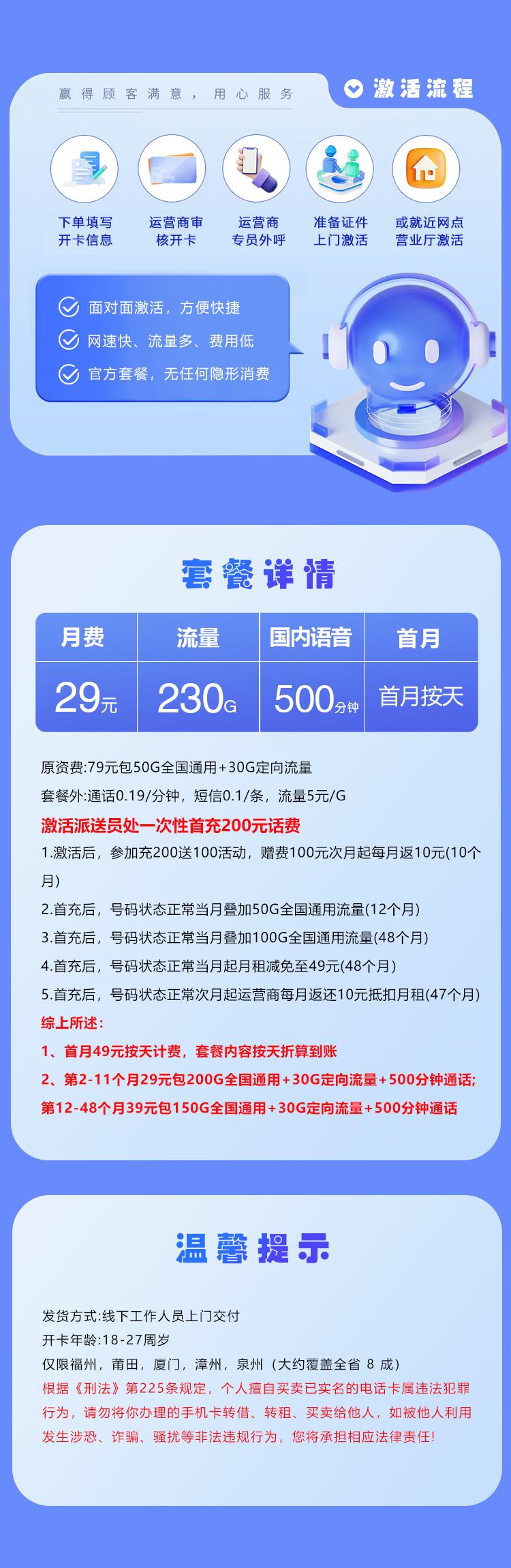 移动福建专享卡【29元230G+500分钟】详情图