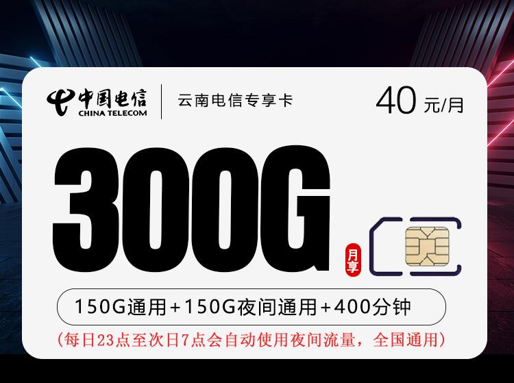 云南电信专享卡【40元300G+400分钟】