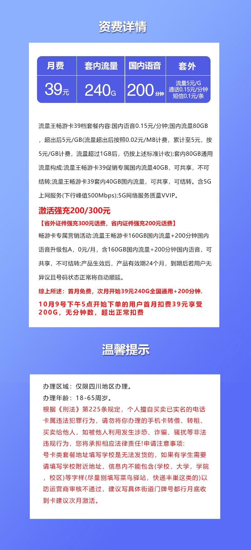 联通四川省内专属卡【39元240G+200分钟】详情图