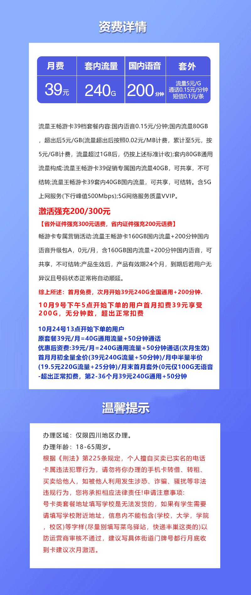 联通四川省内专属卡【39元240G+50分钟】详情图