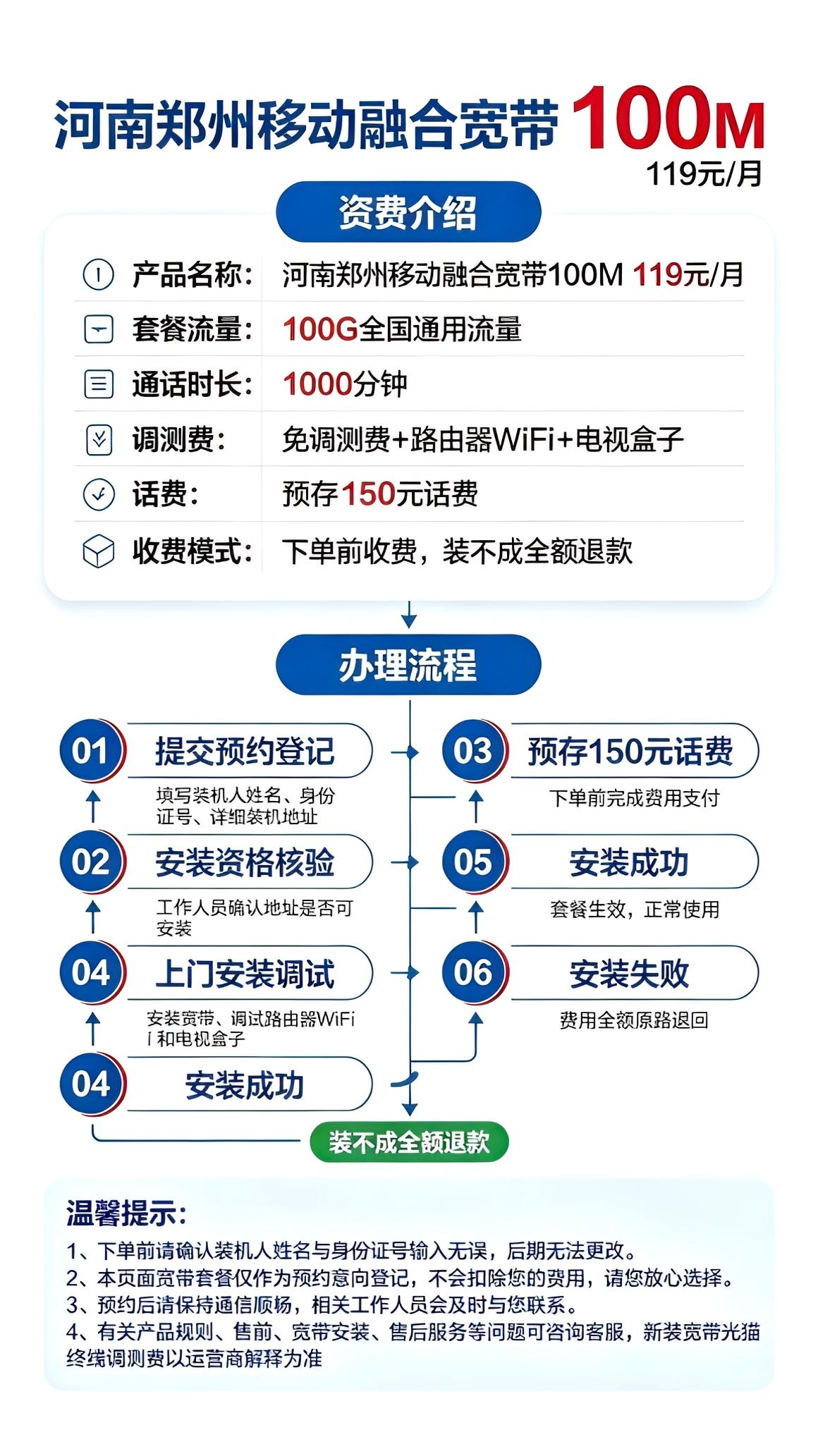 河南郑州移动融合宽带119元1000兆宽带 每月1000分钟通话100个G详情图