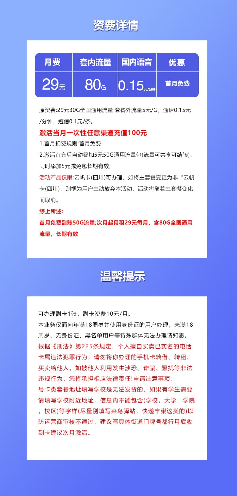 四川联通专属卡【29元80G】详情图