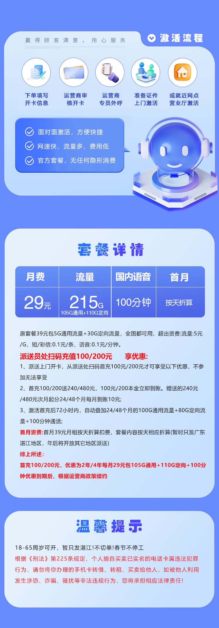 湛江电信专属卡【29元215G+100分钟】详情图