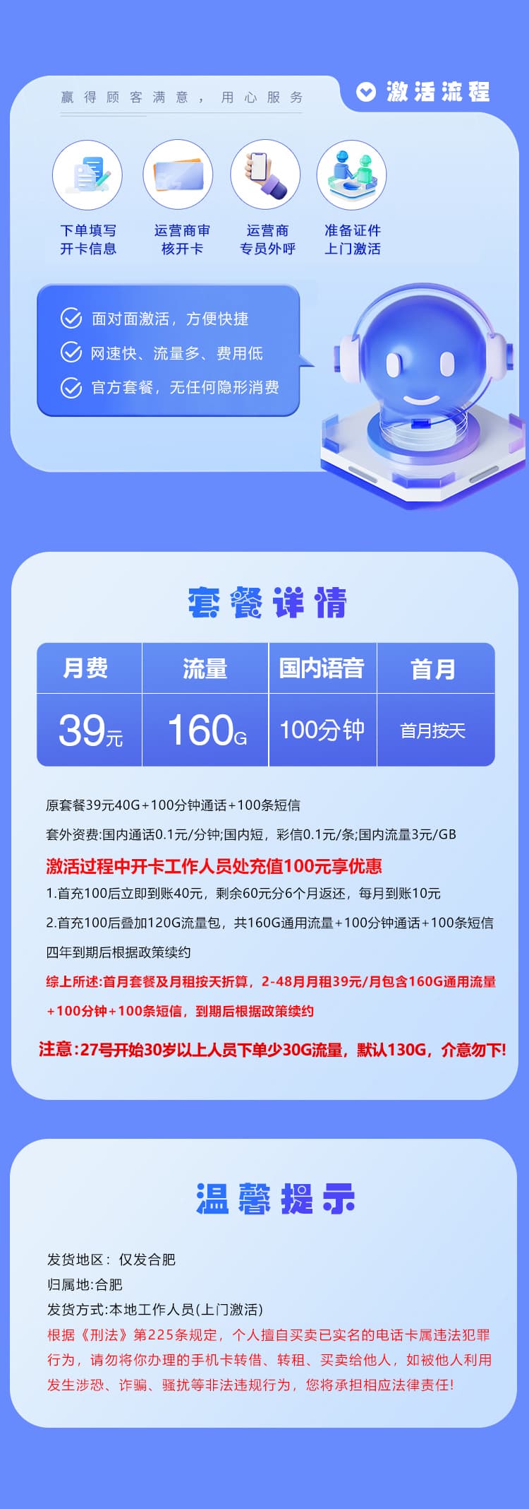安徽合肥电信专属卡【39元160G+100分钟】详情图