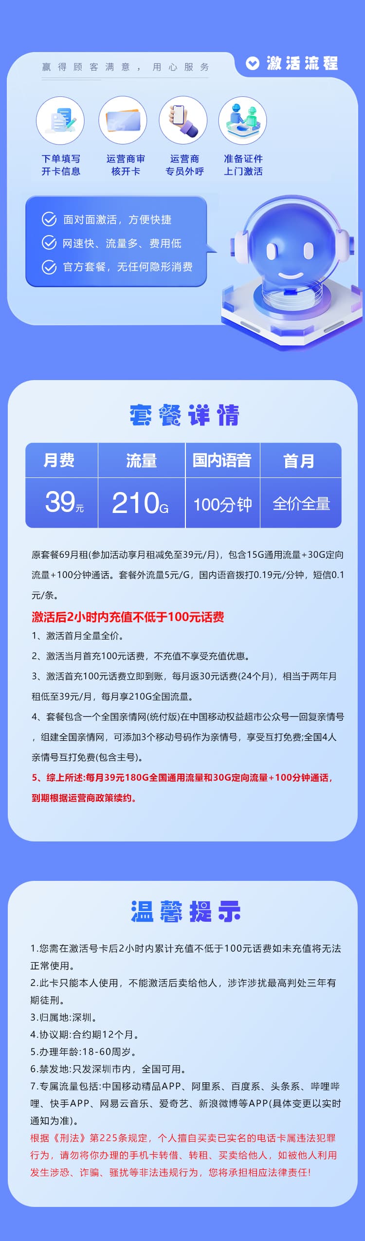 深圳移动专属卡2.0【39元210G+100分钟】详情图