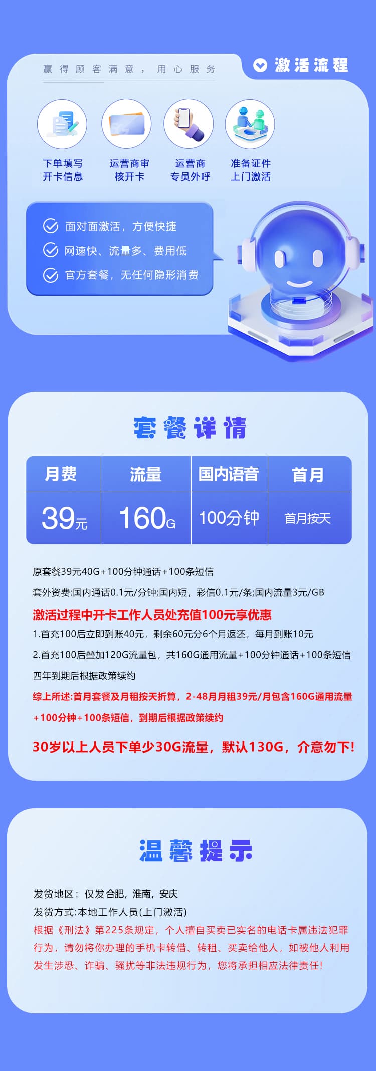 安徽电信专属卡3.0【39元160G+100分钟】仅发合肥详情图