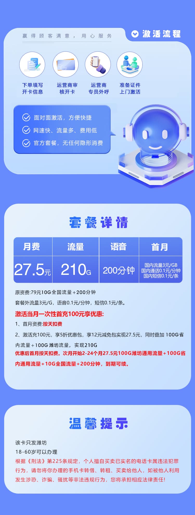 潍坊电信专属卡【27.5元210G+200分钟】详情图