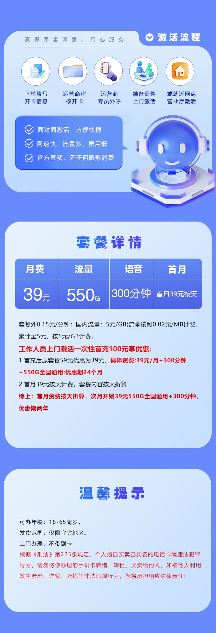 宜宾联通专属卡【39元550G+300分钟】详情图