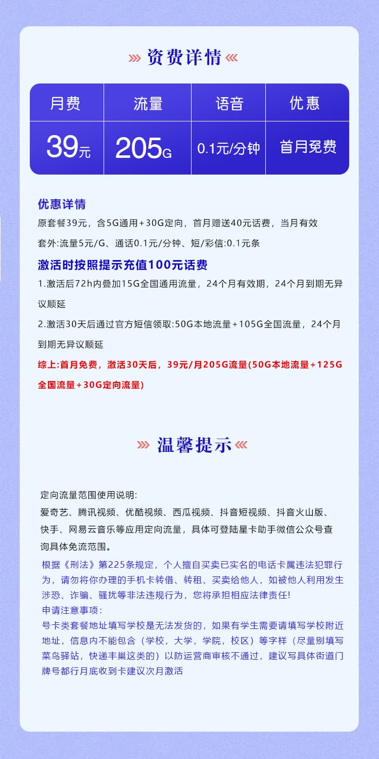 电信梦德卡【39元205G】【仅发山东】详情图