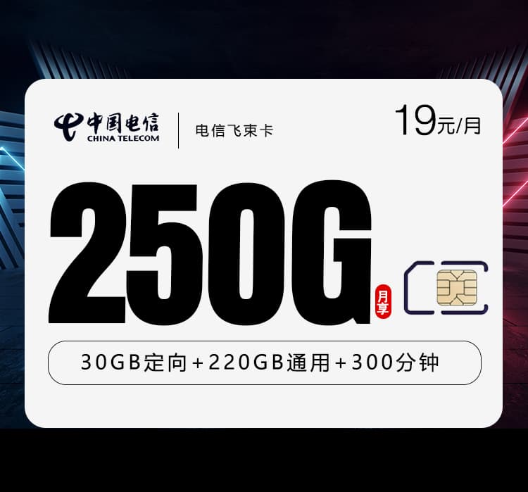 电信飞束卡【19元250G+300分钟】【仅发广西】