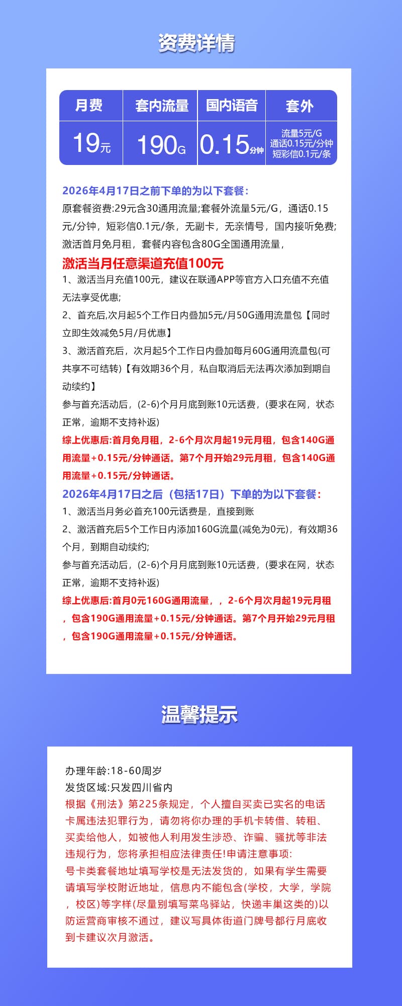 四川联通专享卡【19元190G】详情图