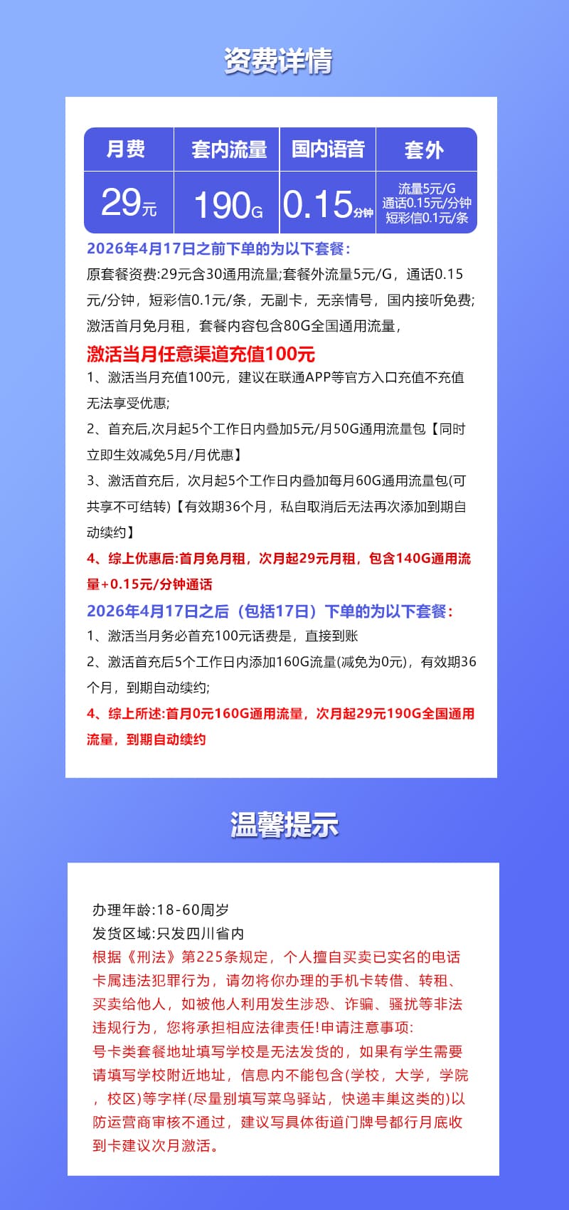 四川联通专享卡2.0【29元190G】详情图