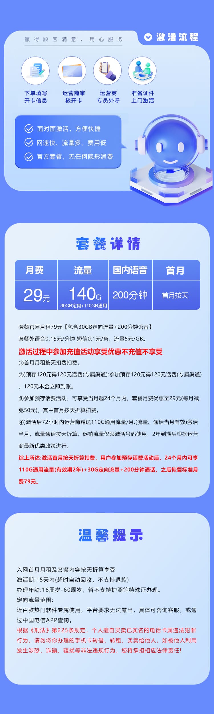 浙江电信省内专属卡【29元140G+200分钟】详情图
