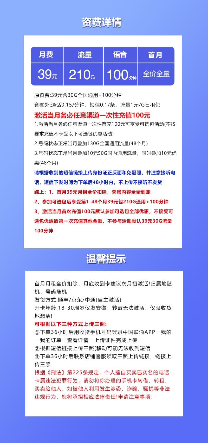 安徽联通省内专享卡【参加可选包后39元210G+100分钟】详情图