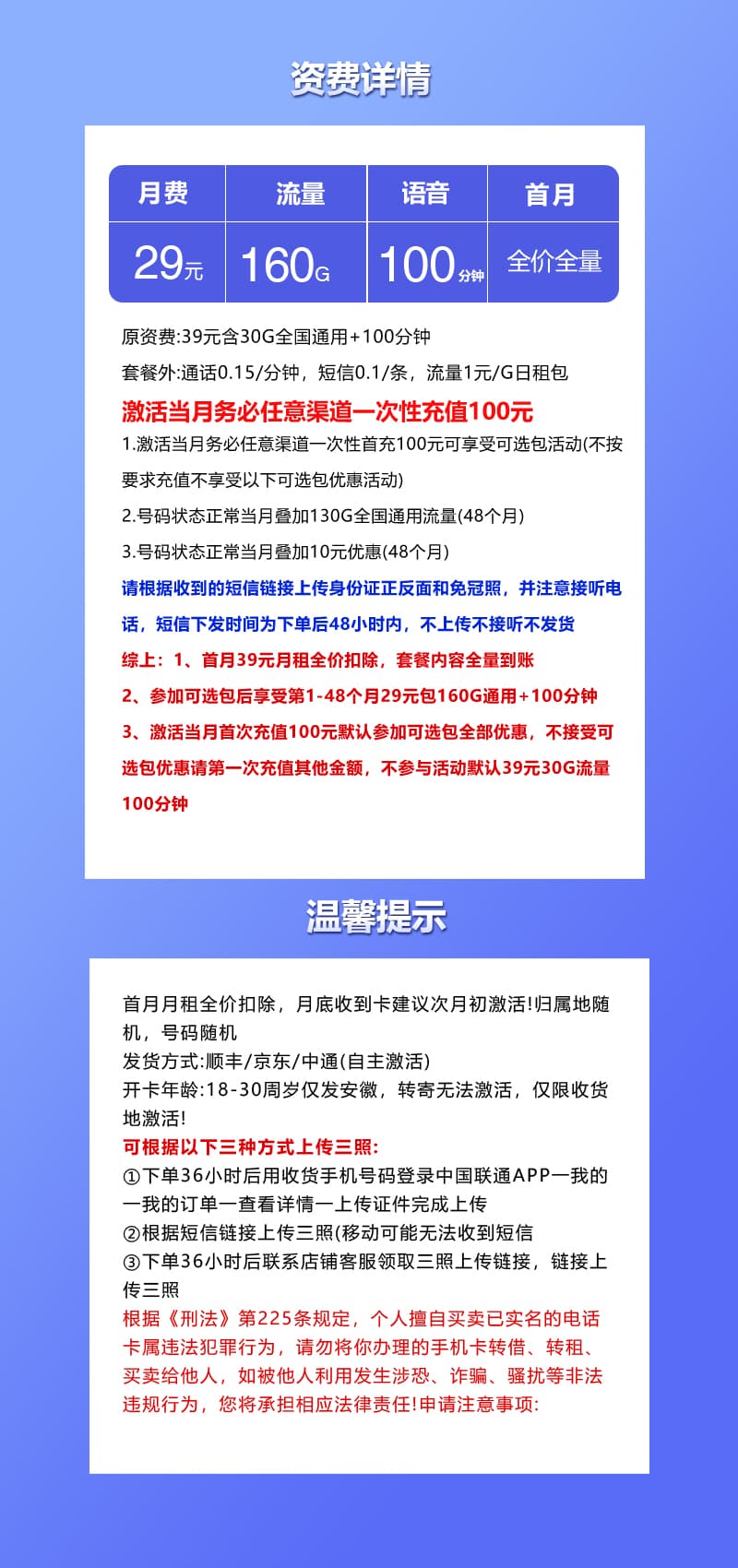 安徽联通省内专属卡2.0【参加可选包后29元160G+100分钟】详情图