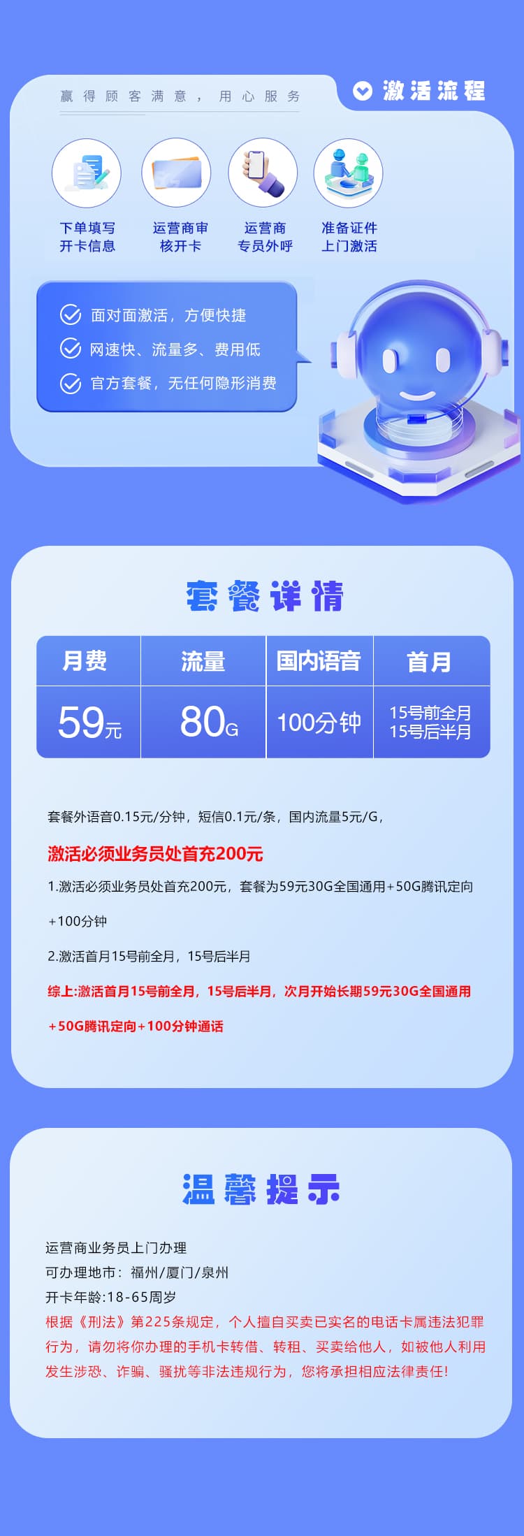 福建联通专享卡【59元80G+100分钟】仅发福州/厦门/泉州详情图