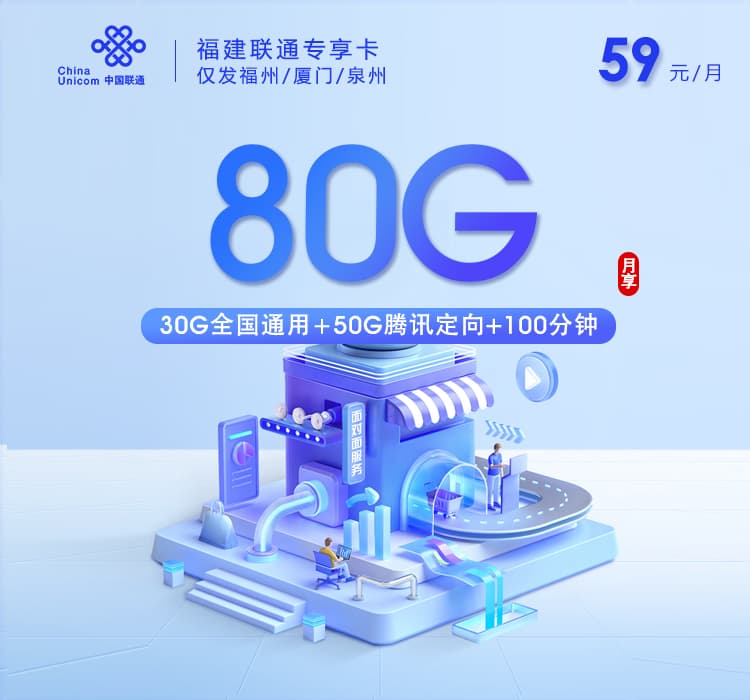福建联通专享卡【59元80G+100分钟】仅发福州/厦门/泉州