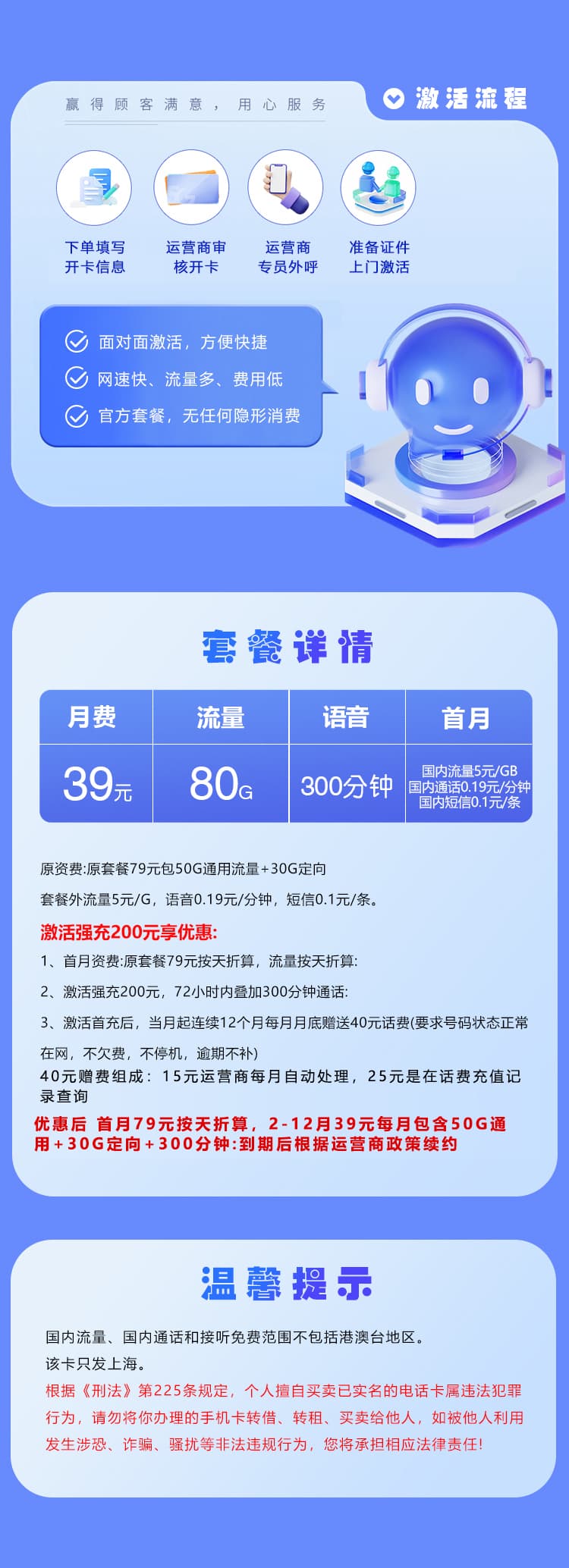 上海移动专属卡2.0【39元80G+300分钟】详情图