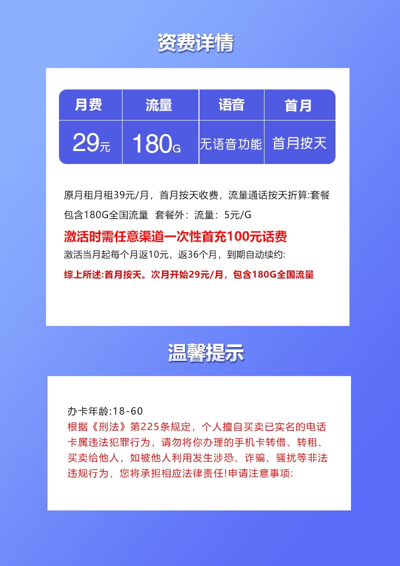 河北联通专属卡【29元180G】详情图