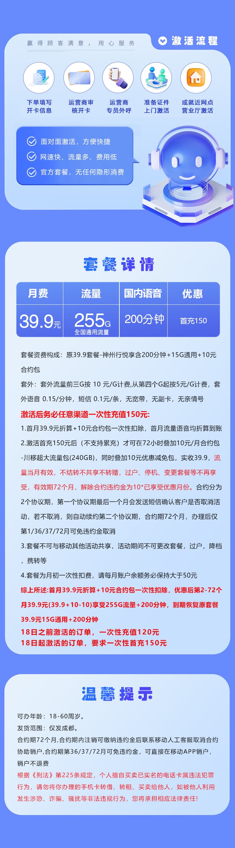 四川移动专属卡【39.9元255G+200分钟】仅发成都详情图