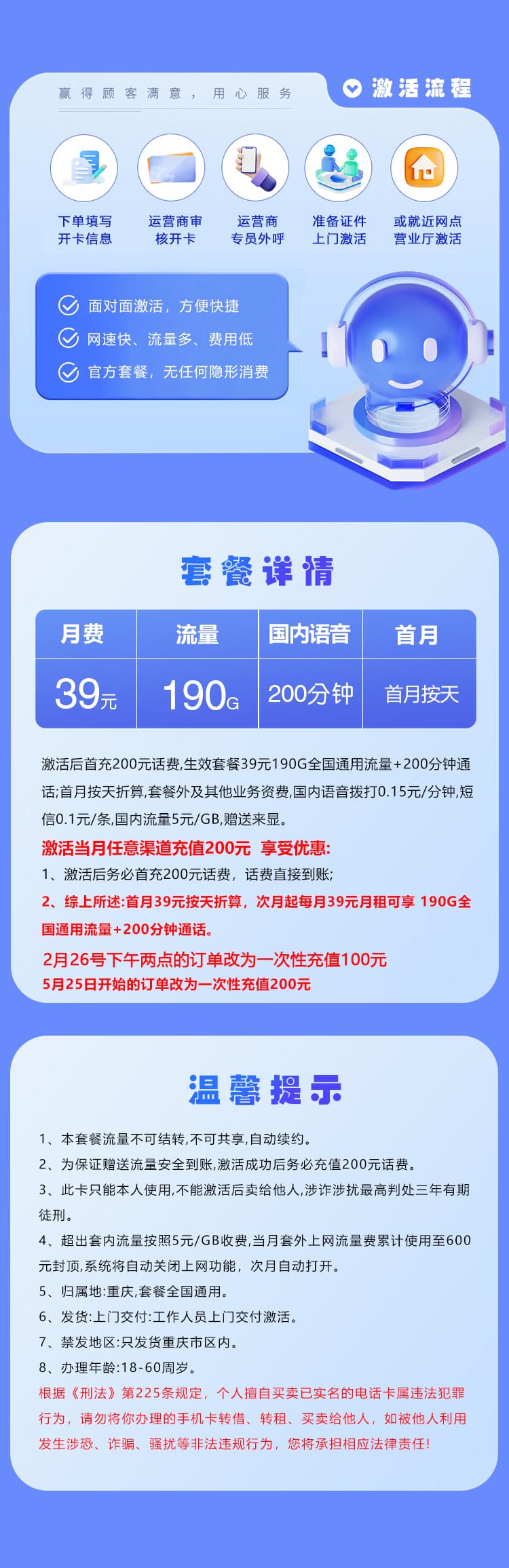 重庆联通专享卡新【39元190G+200分钟】详情图