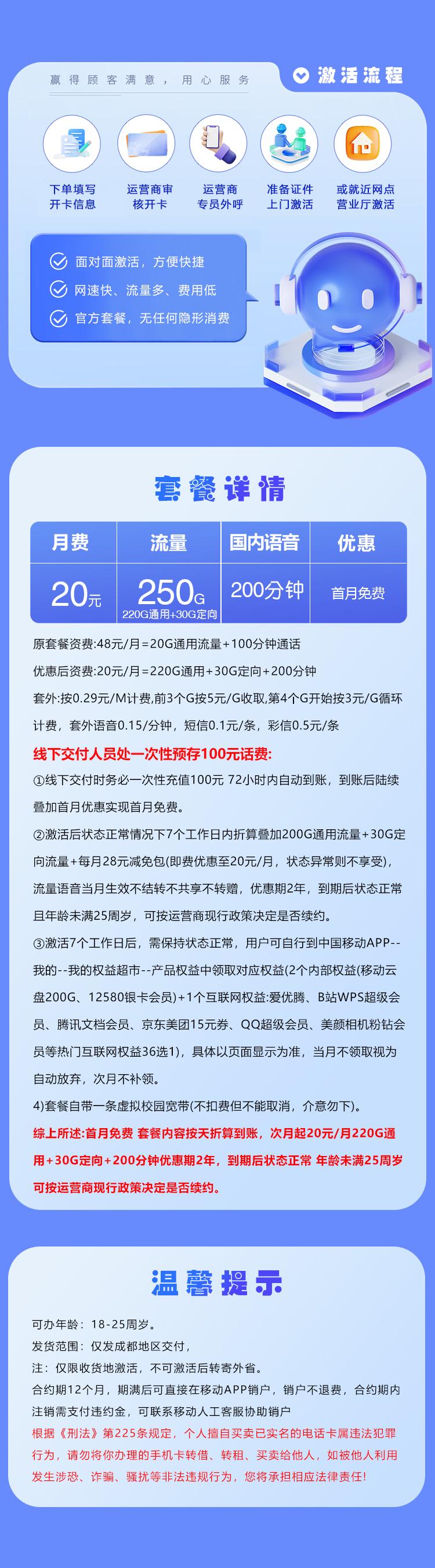 四川移动专享卡【20元250G+200分钟+会员】仅发成都详情图