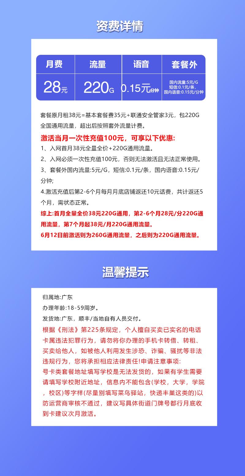 广东联通专享卡【28元220G】详情图