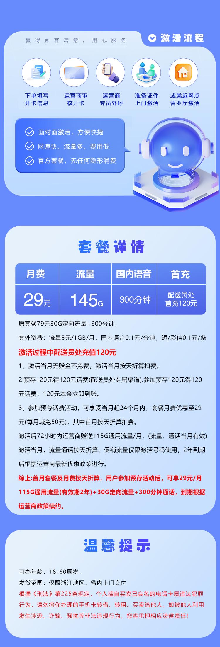 浙江省内电信卡【29元145G+300分钟】详情图