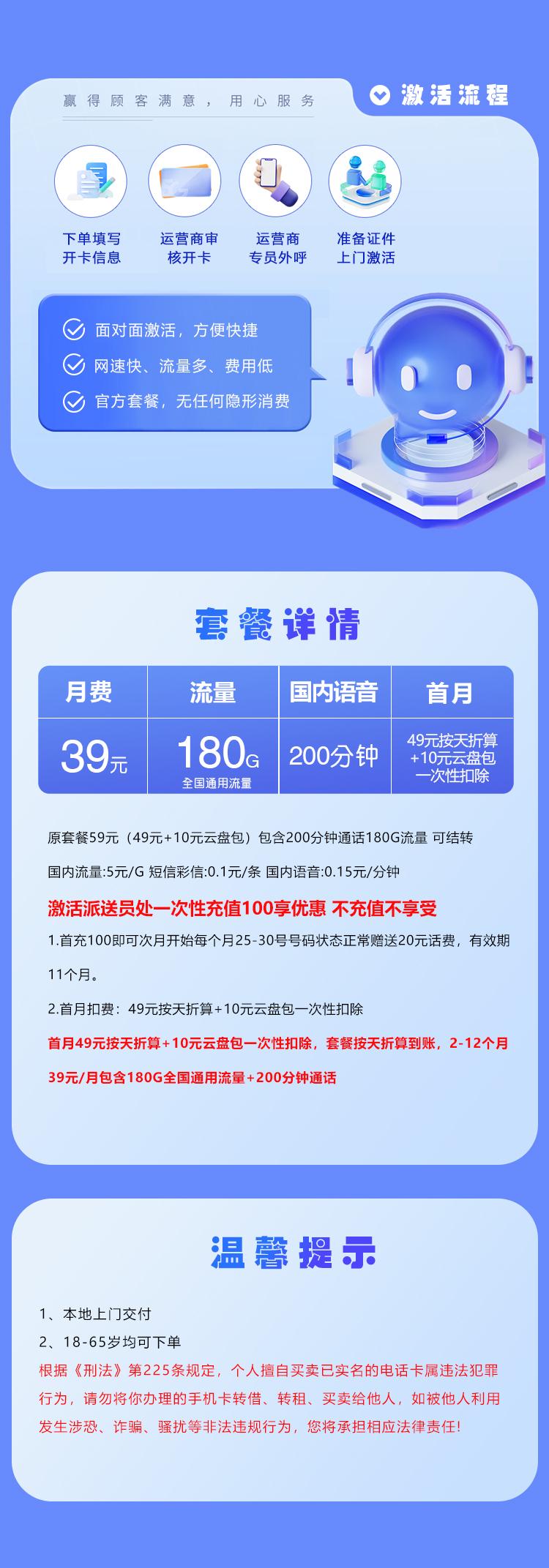 湖北联通专属卡 【39元180G+200分钟】详情图