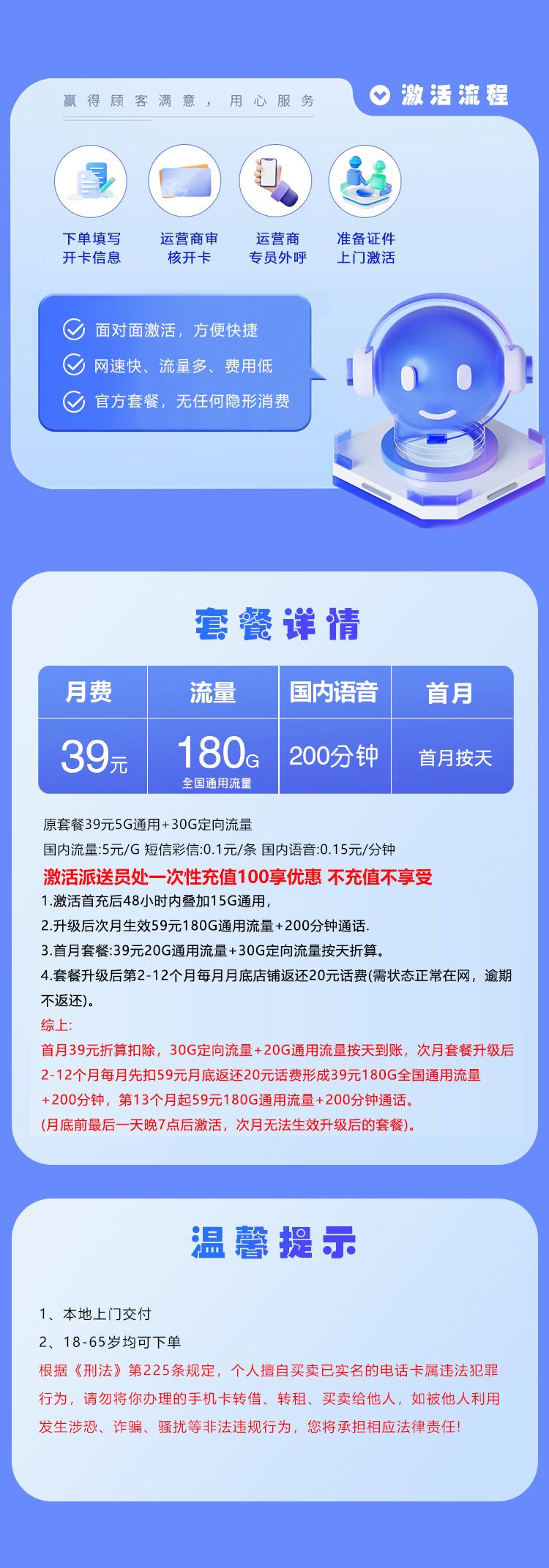 湖北联通省内专享卡【39元180G+200分钟】详情图