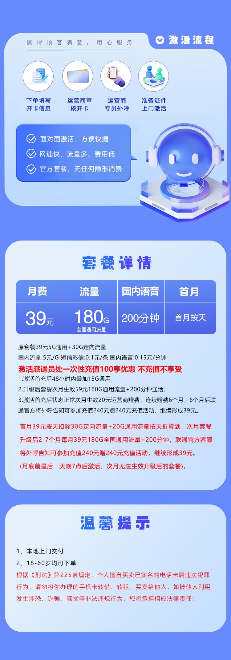 湖北联通省内卡【39元180G+200分钟】详情图