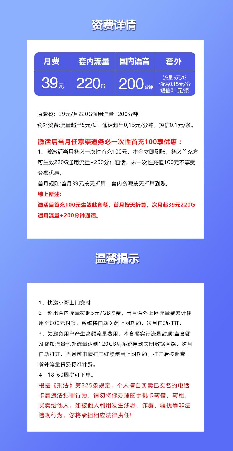 重庆专属联通卡【39元220G+200分钟】详情图