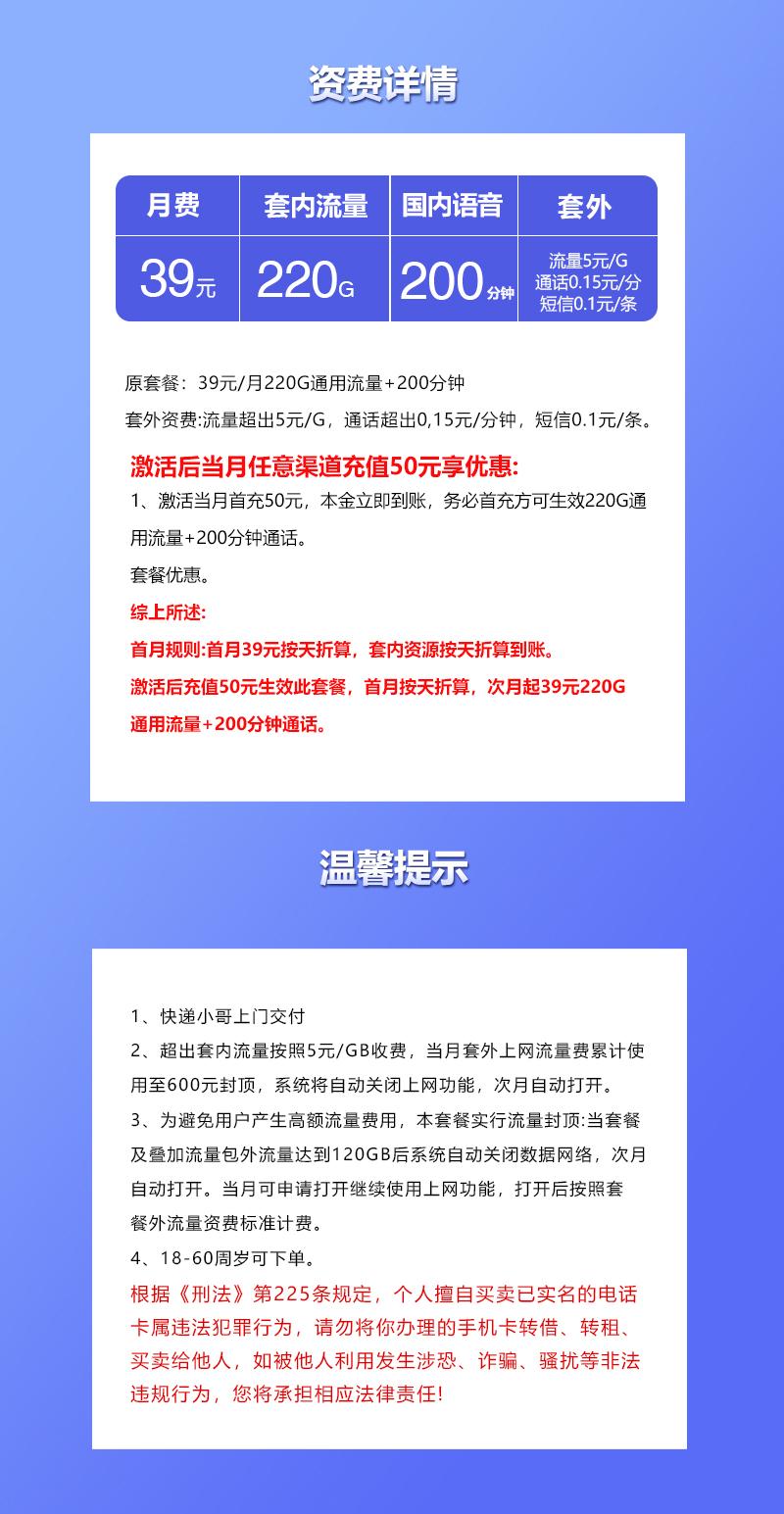 重庆专属联通卡2.0【39元220G+200分钟】详情图