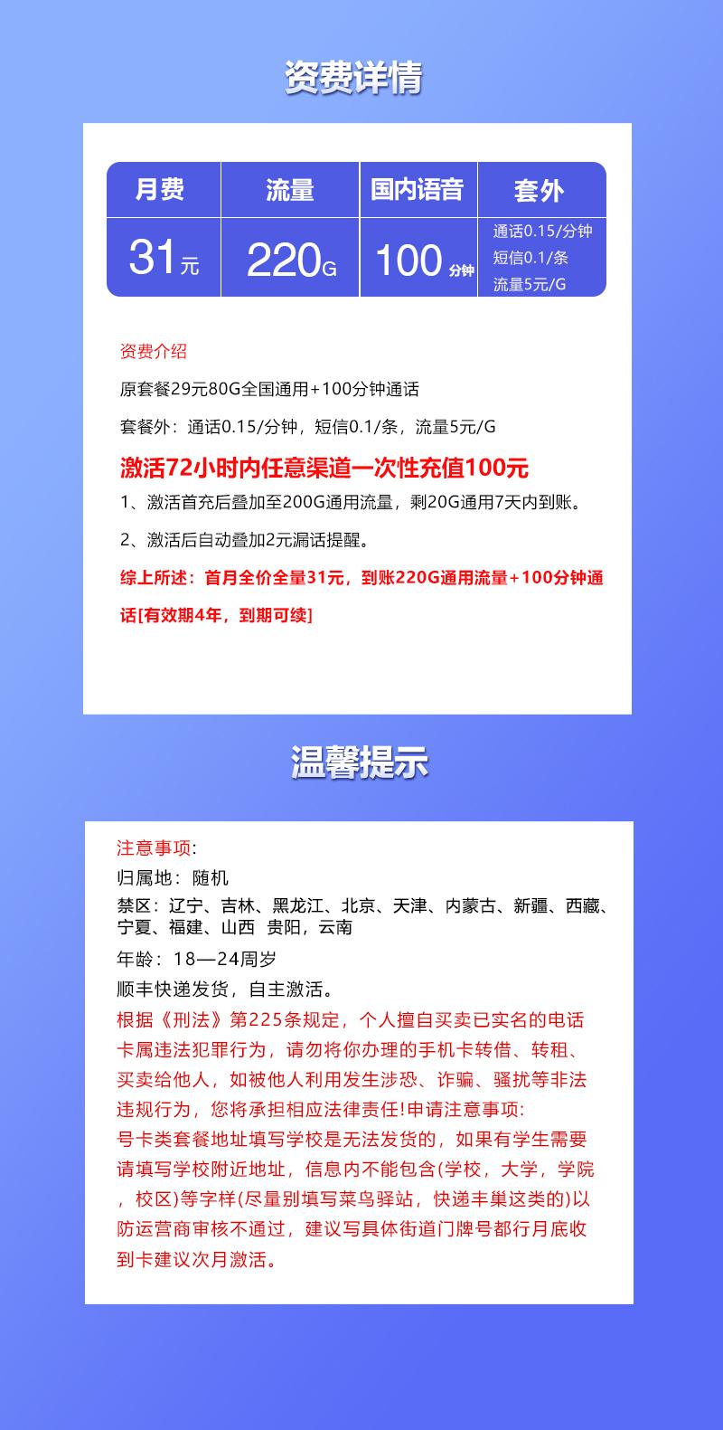 联通飞府卡2.0【31元220G+100分钟】详情图