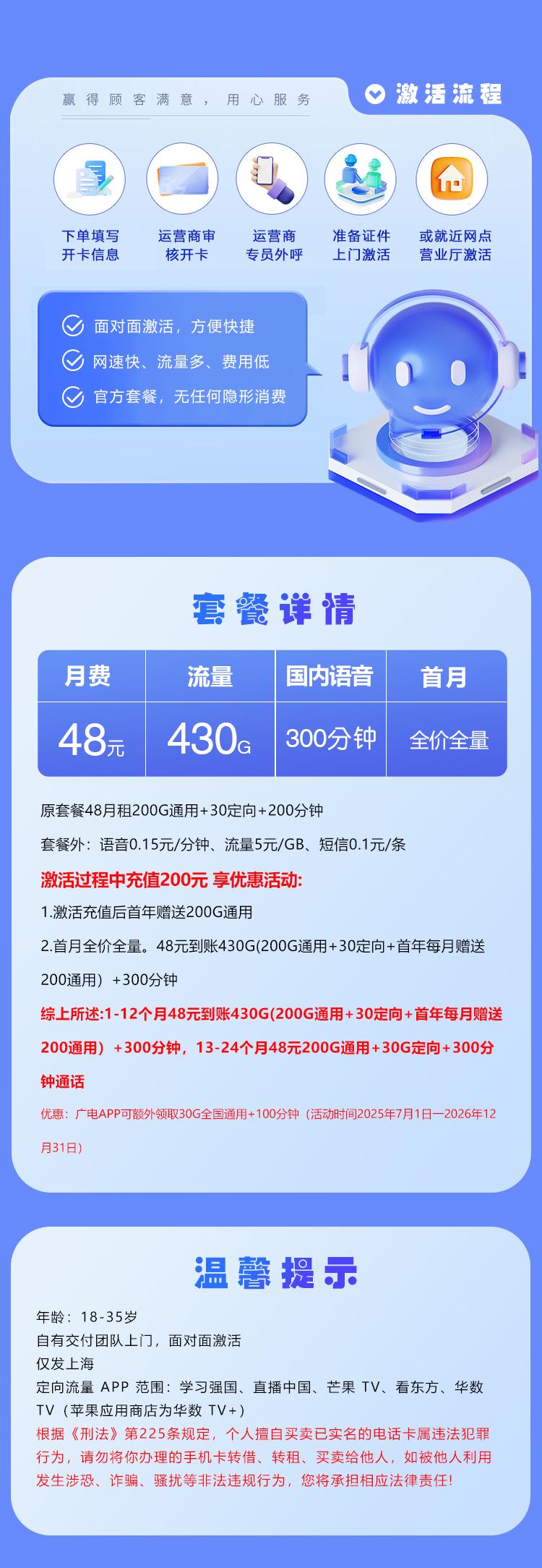 广电上海专属卡【48元430G+300分钟】详情图
