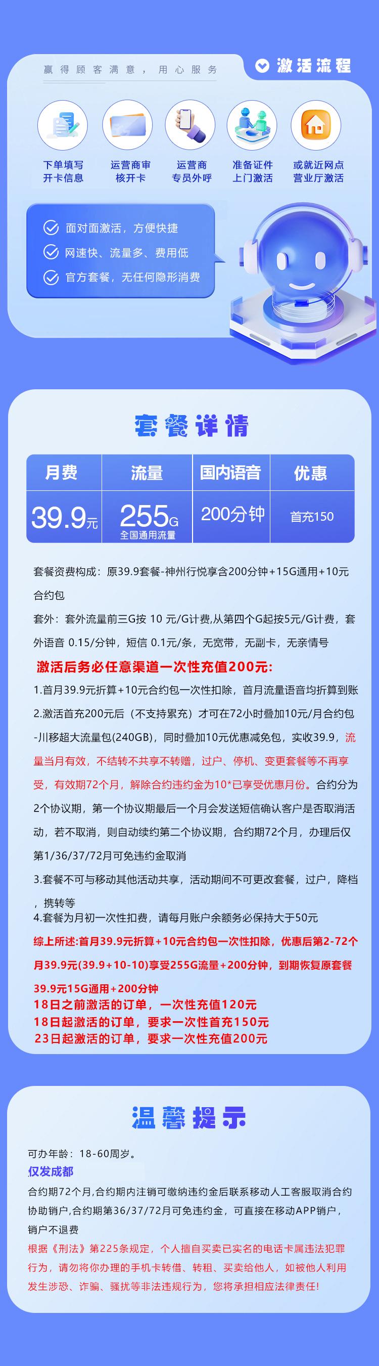 四川移动专属卡【39.9元255G+200分钟】仅发成都详情图