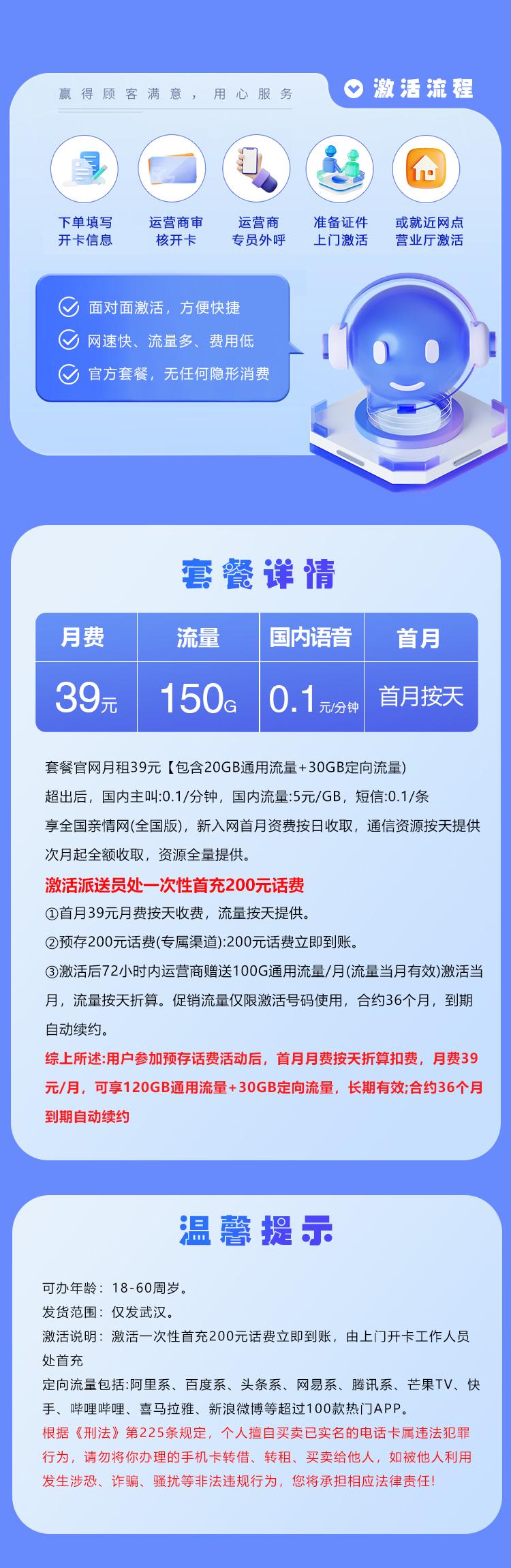 移动湖北专属卡【39元150G】【仅限武汉】详情图